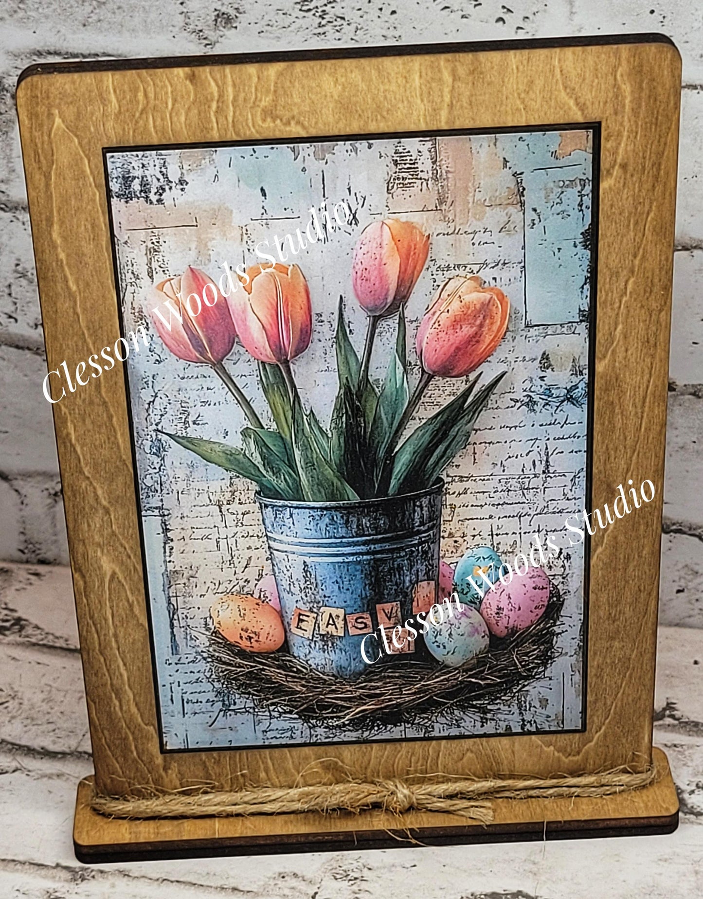 Primitive Spring Tulips Framed Art with Attached Stand