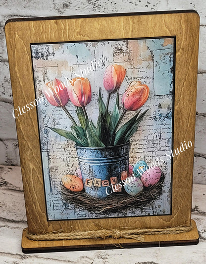 Primitive Spring Tulips Framed Art with Attached Stand