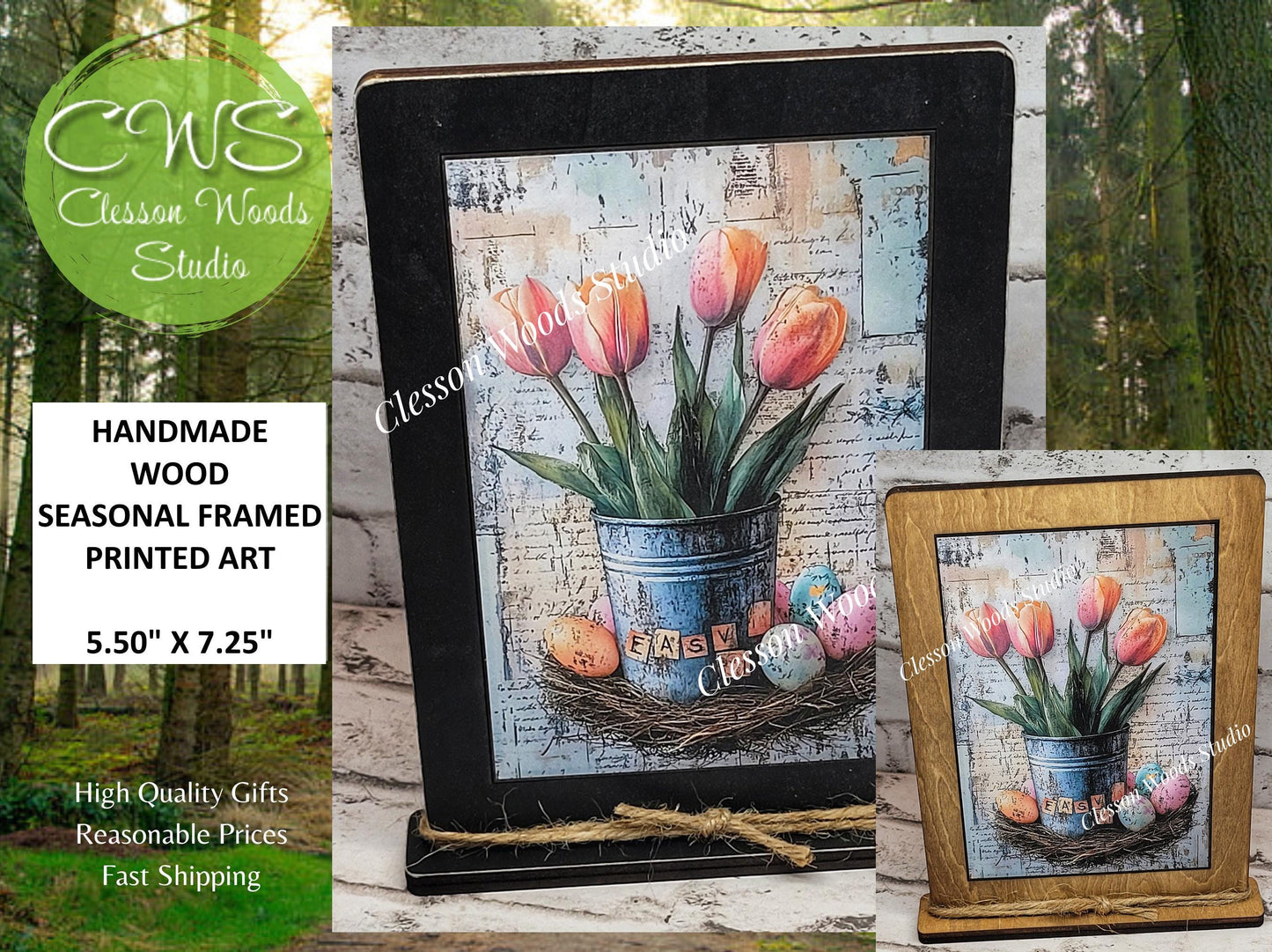 Primitive Spring Tulips Framed Art with Attached Stand