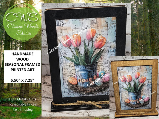 Primitive Spring Tulips Framed Art with Attached Stand