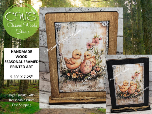 Primitive Spring Chicks 1 Framed Art with Attached Stand