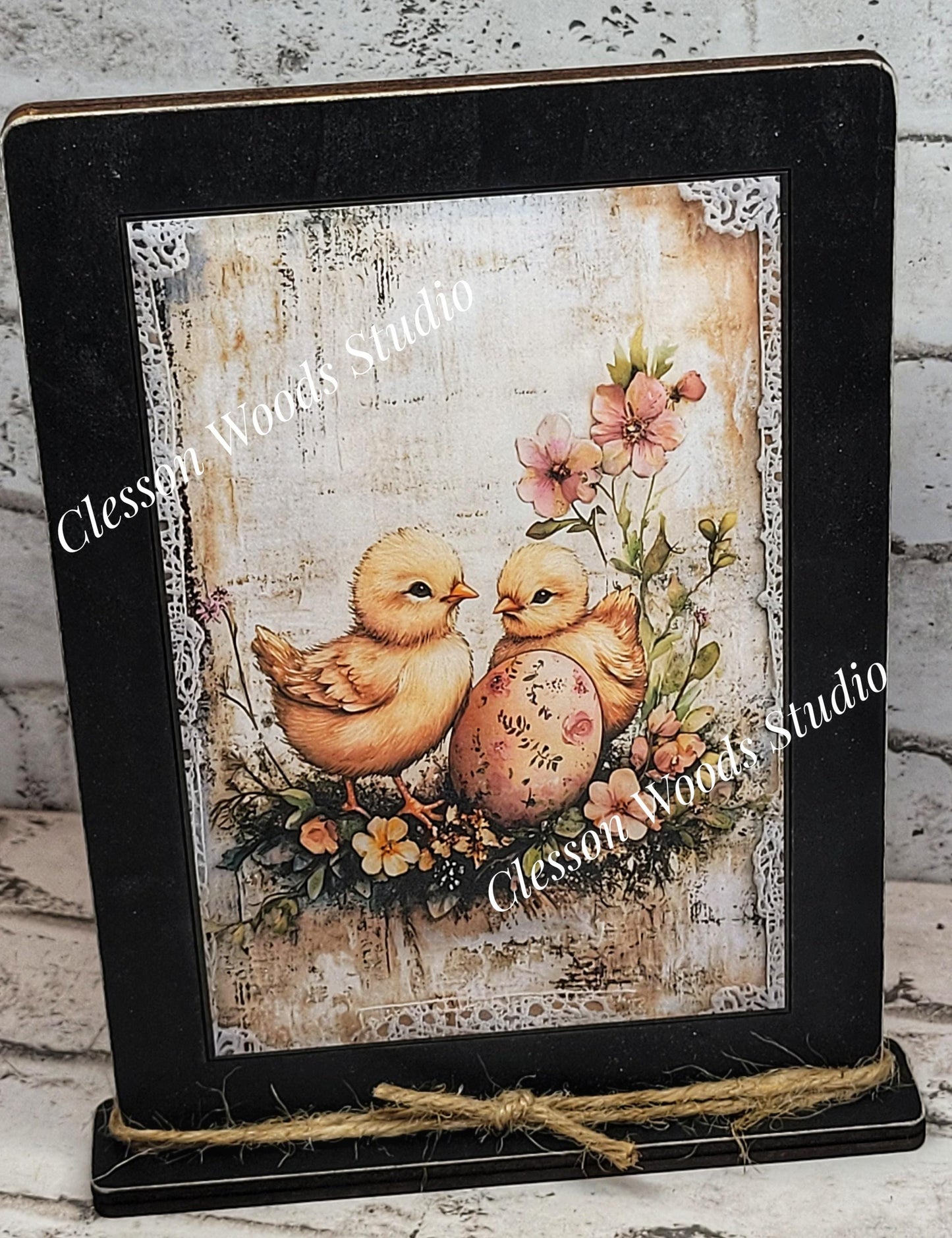 Primitive Spring Chicks 1 Framed Art with Attached Stand