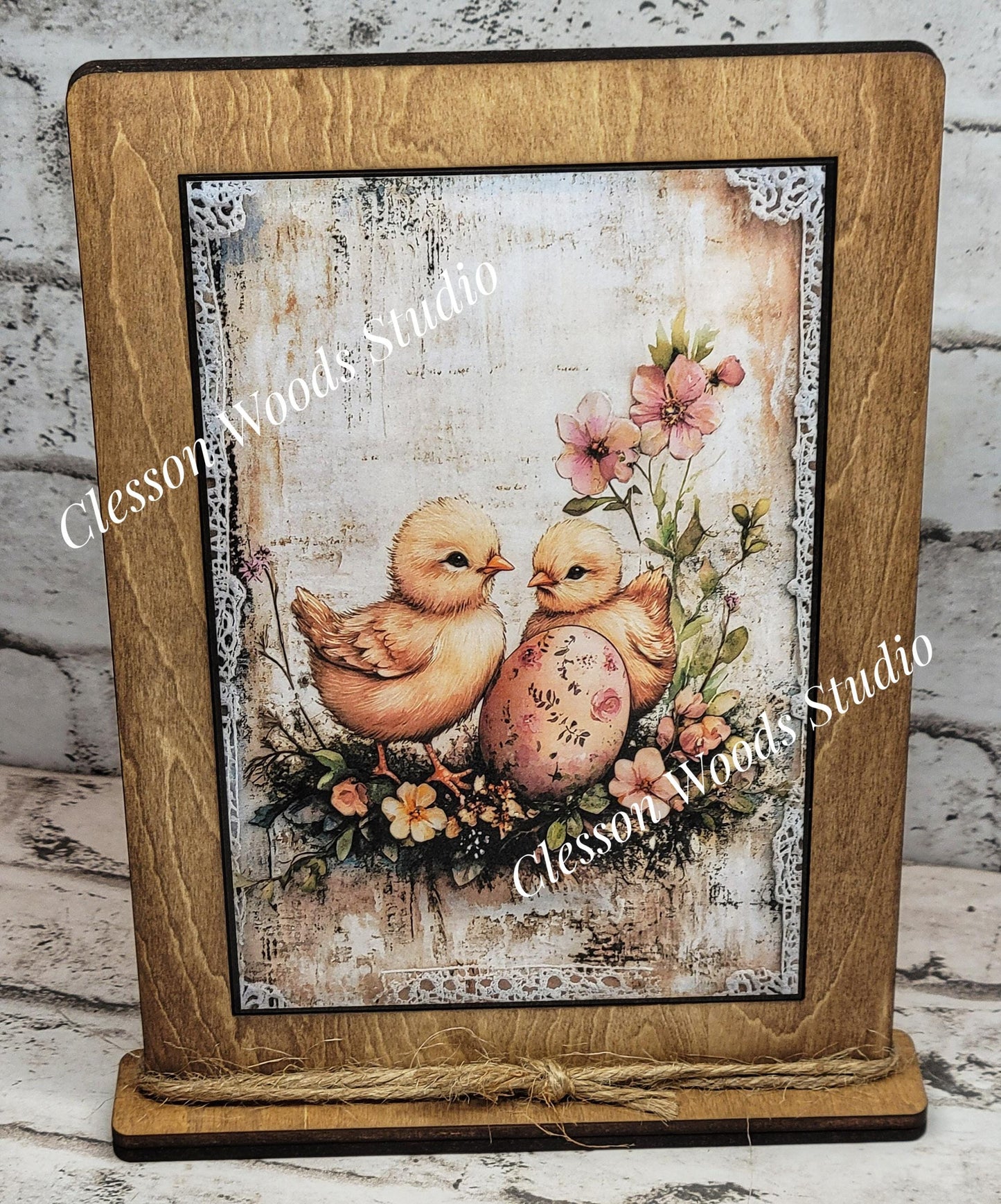 Primitive Spring Chicks 1 Framed Art with Attached Stand