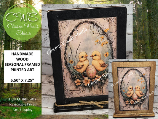 Primitive Spring Chicks 2 Framed Art with Attached Stand