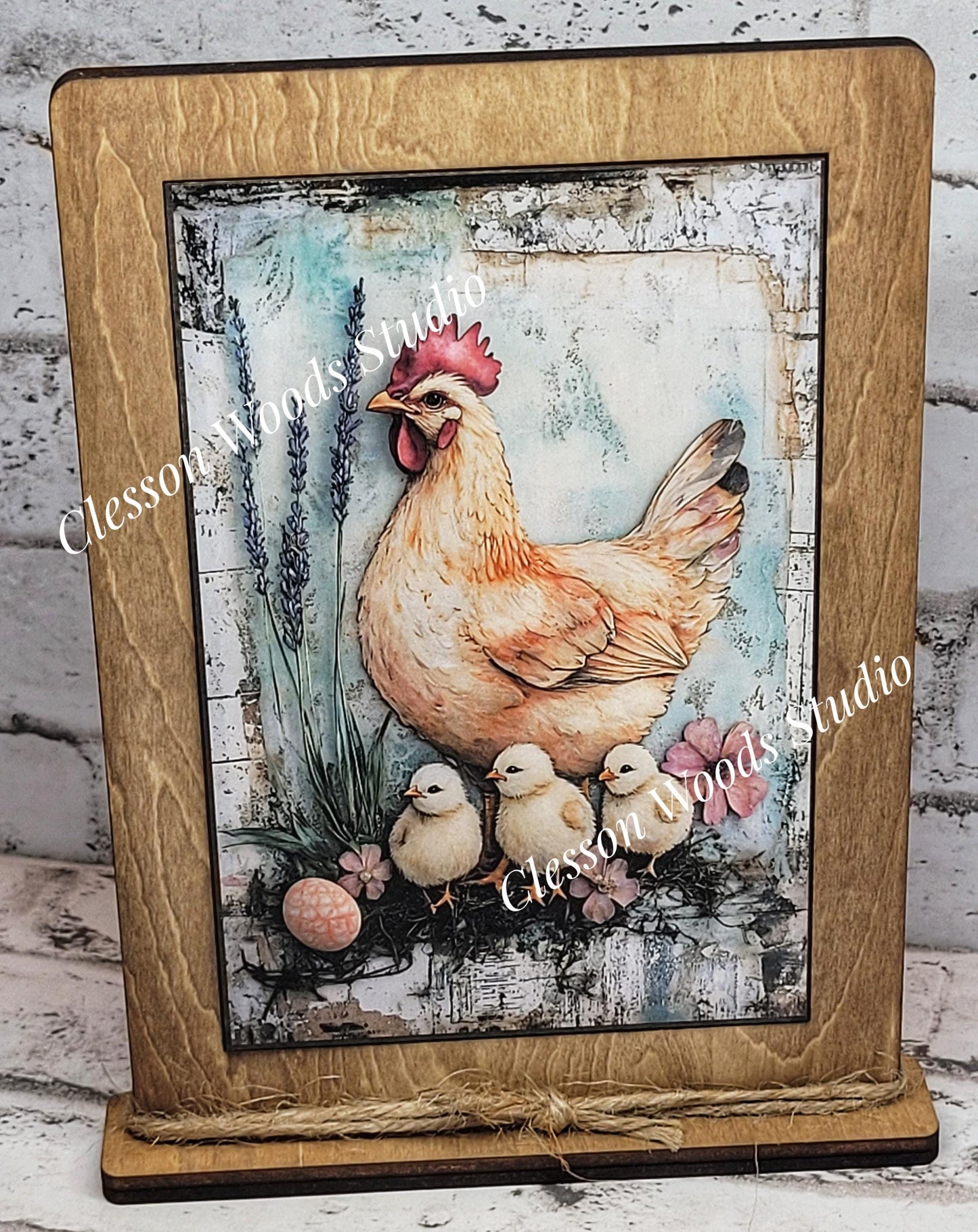 Primitive Spring Chicken and Chicks Framed Art with Attached Stand