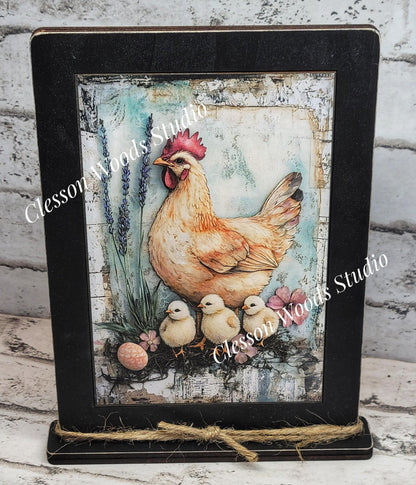Primitive Spring Chicken and Chicks Framed Art with Attached Stand