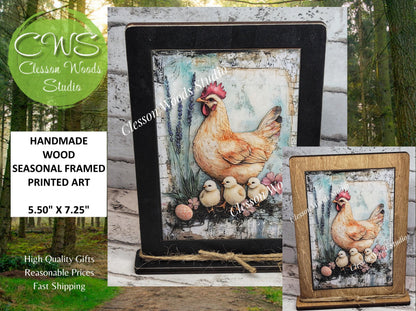 Primitive Spring Chicken and Chicks Framed Art with Attached Stand