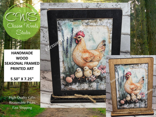 Primitive Spring Chicken and Chicks Framed Art with Attached Stand