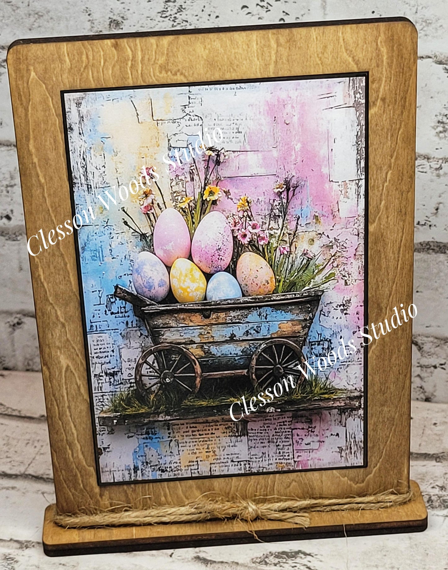 Primitive Spring Easter Cart Framed Art with Attached Stand