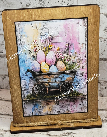 Primitive Spring Easter Cart Framed Art with Attached Stand