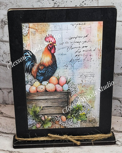 Primitive Spring Rooster Framed Art with Attached Stand