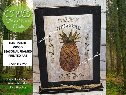 Primitive Pineapple Welcome Framed Art with Attached Stand