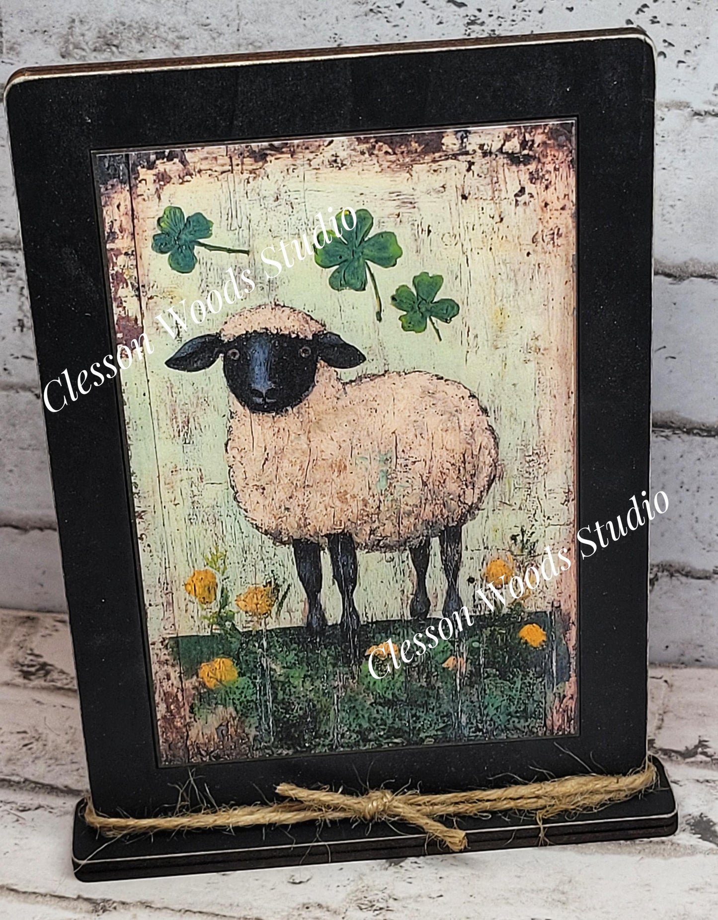 Primitive St Patricks Sheep Framed Art with Attached Stand