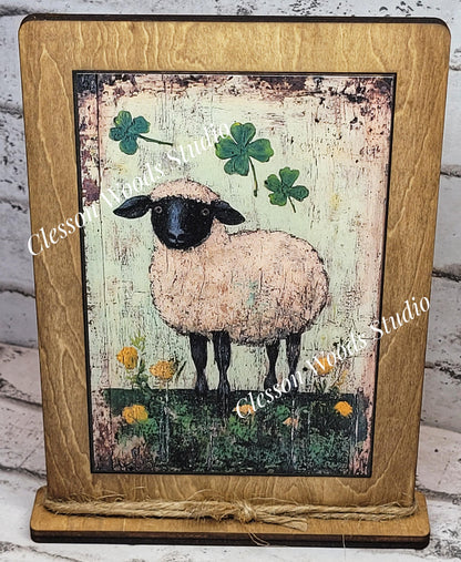 Primitive St Patricks Sheep Framed Art with Attached Stand