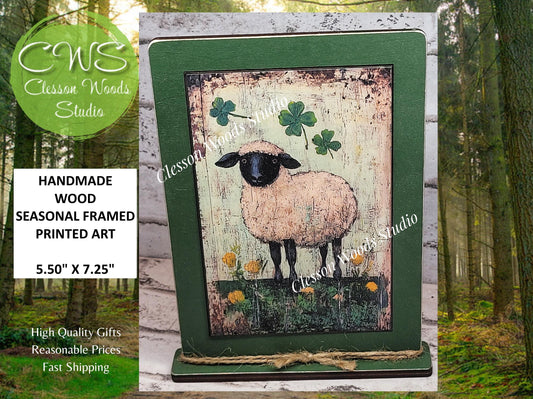 Primitive St Patricks Sheep Framed Art with Attached Stand