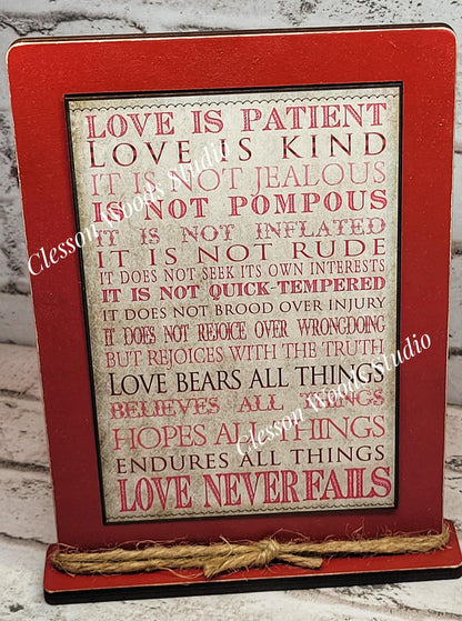 Primitive Valentine Words Love Is Kind Framed Art with Attached Stand