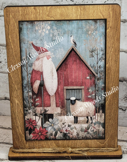 Folk Art Santa and Sheep 1 Framed Art with Attached Stand