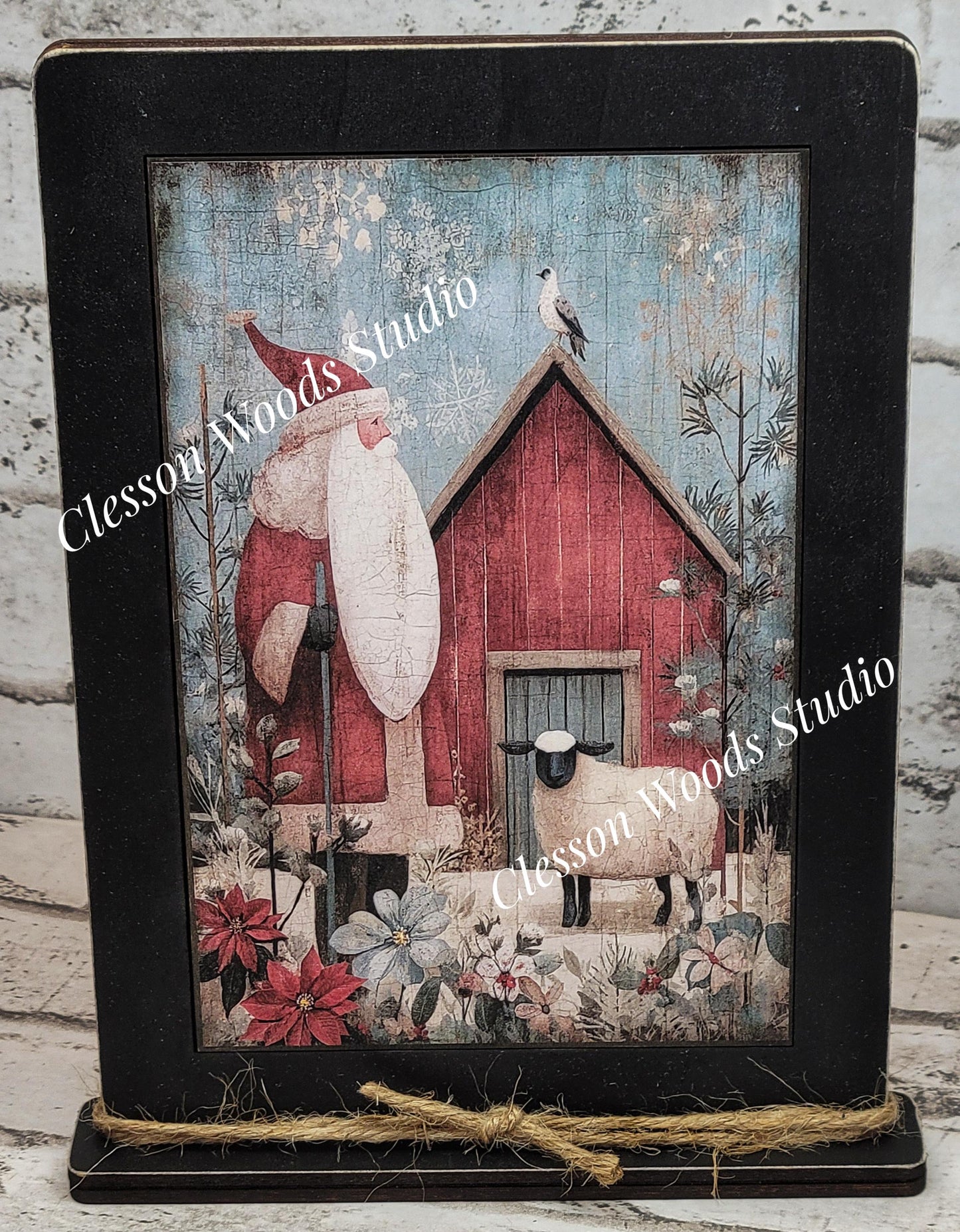 Folk Art Santa and Sheep 1 Framed Art with Attached Stand