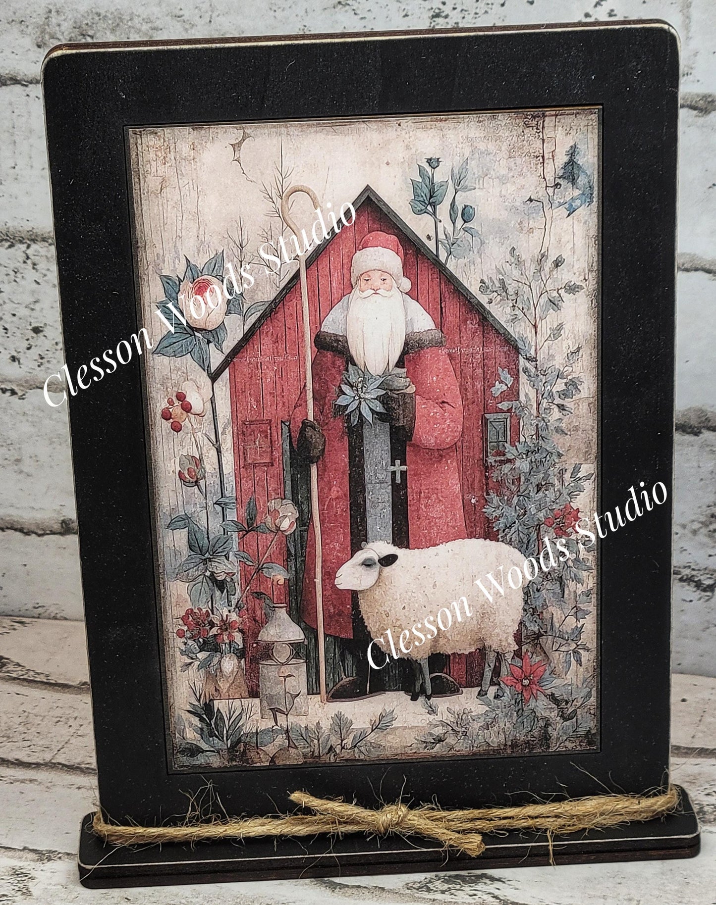 Folk Art Santa and Sheep 2 Framed Art with Attached Stand
