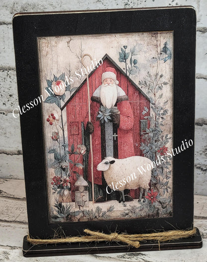 Folk Art Santa and Sheep 2 Framed Art with Attached Stand