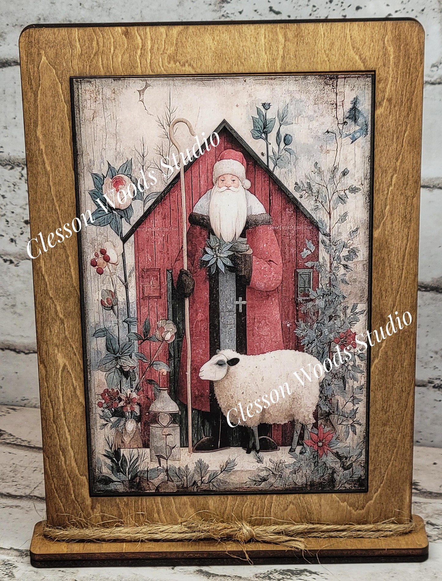 Folk Art Santa and Sheep 2 Framed Art with Attached Stand