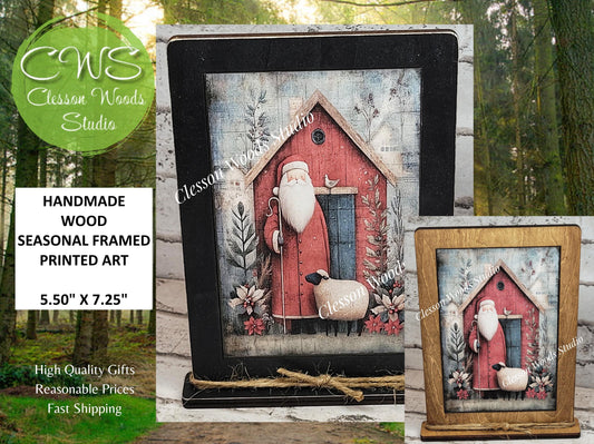 Folk Art Santa and Sheep 3 Framed Art with Attached Stand