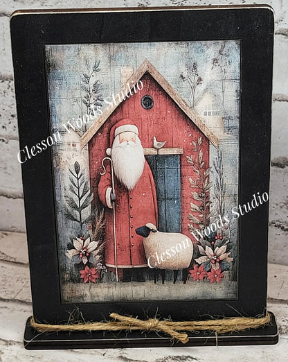Folk Art Santa and Sheep 3 Framed Art with Attached Stand