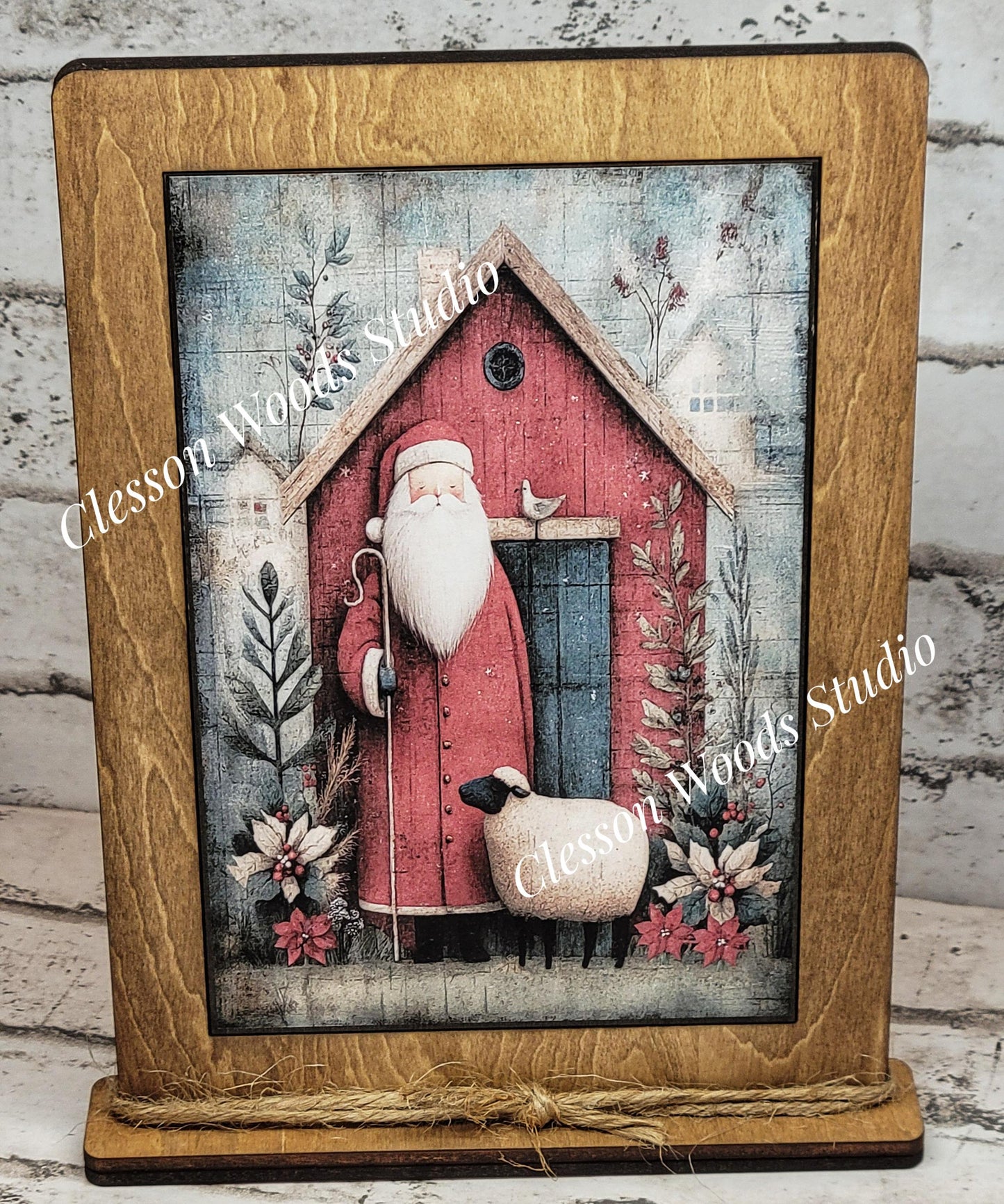 Folk Art Santa and Sheep 3 Framed Art with Attached Stand