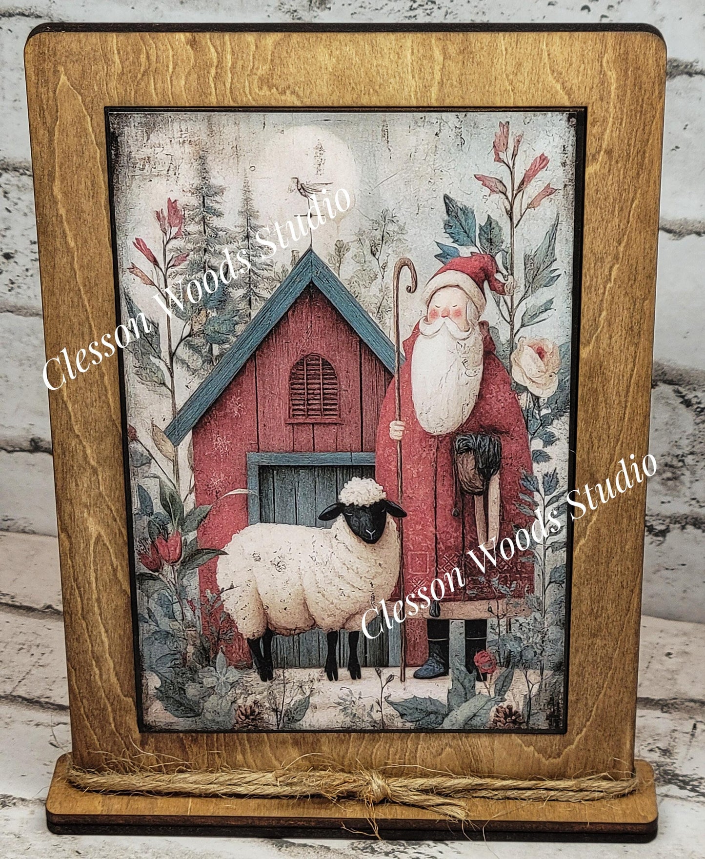 Folk Art Santa and Sheep 4 Framed Art with Attached Stand