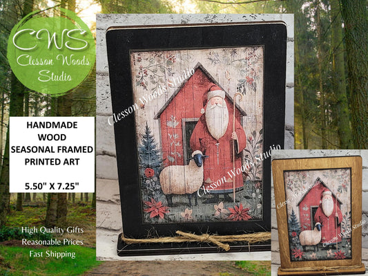 Folk Art Santa and Sheep 5 Framed Art with Attached Stand
