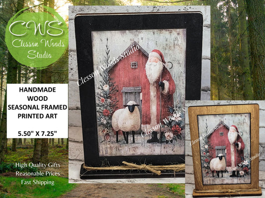Folk Art Santa and Sheep 6 Framed Art with Attached Stand