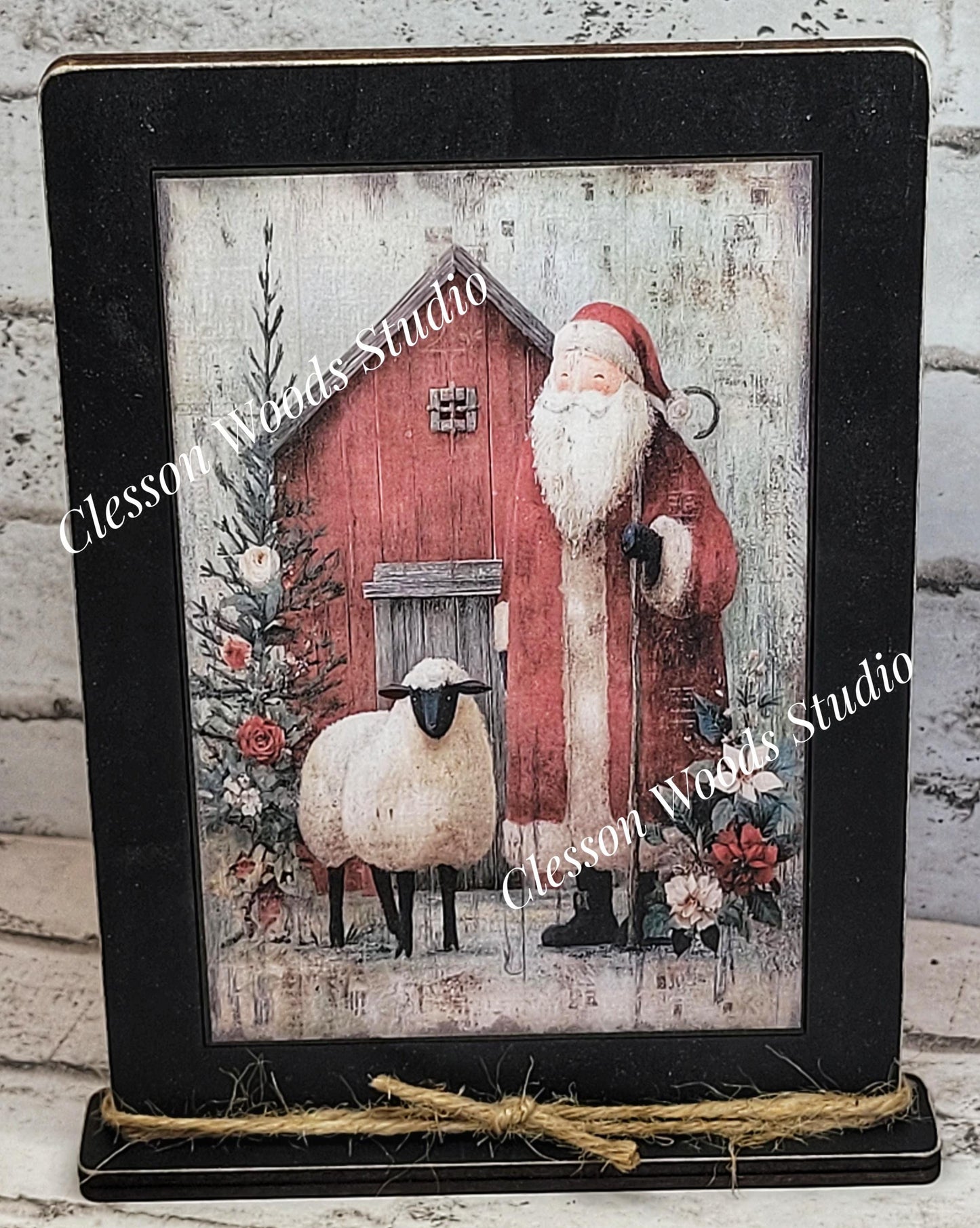 Folk Art Santa and Sheep 6 Framed Art with Attached Stand