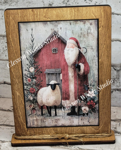 Folk Art Santa and Sheep 6 Framed Art with Attached Stand
