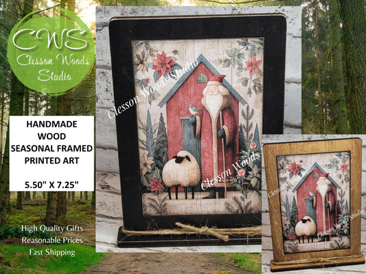 Folk Art Santa and Sheep 7 Framed Art with Attached Stand