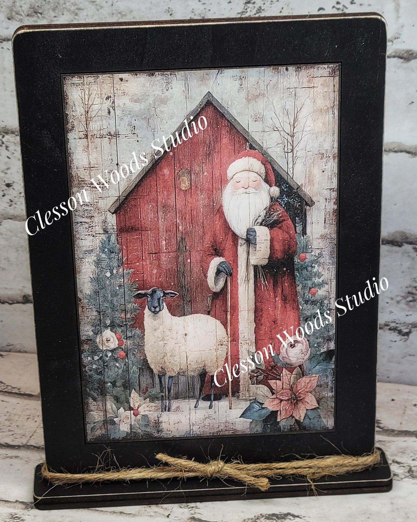 Folk Art Santa and Sheep 8 Framed Art with Attached Stand