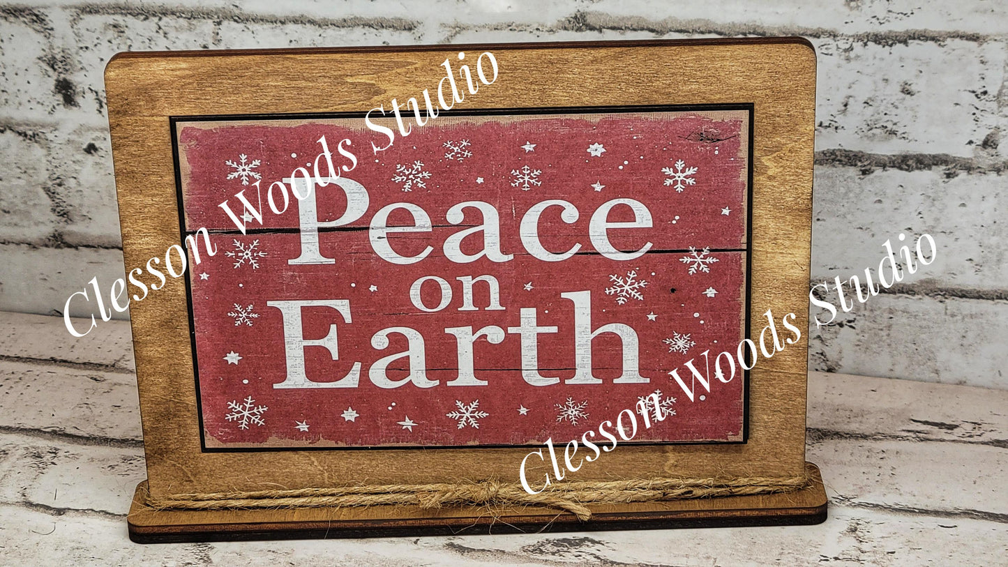 Peace On Earth Holiday Winter Framed Art with Attached Stand