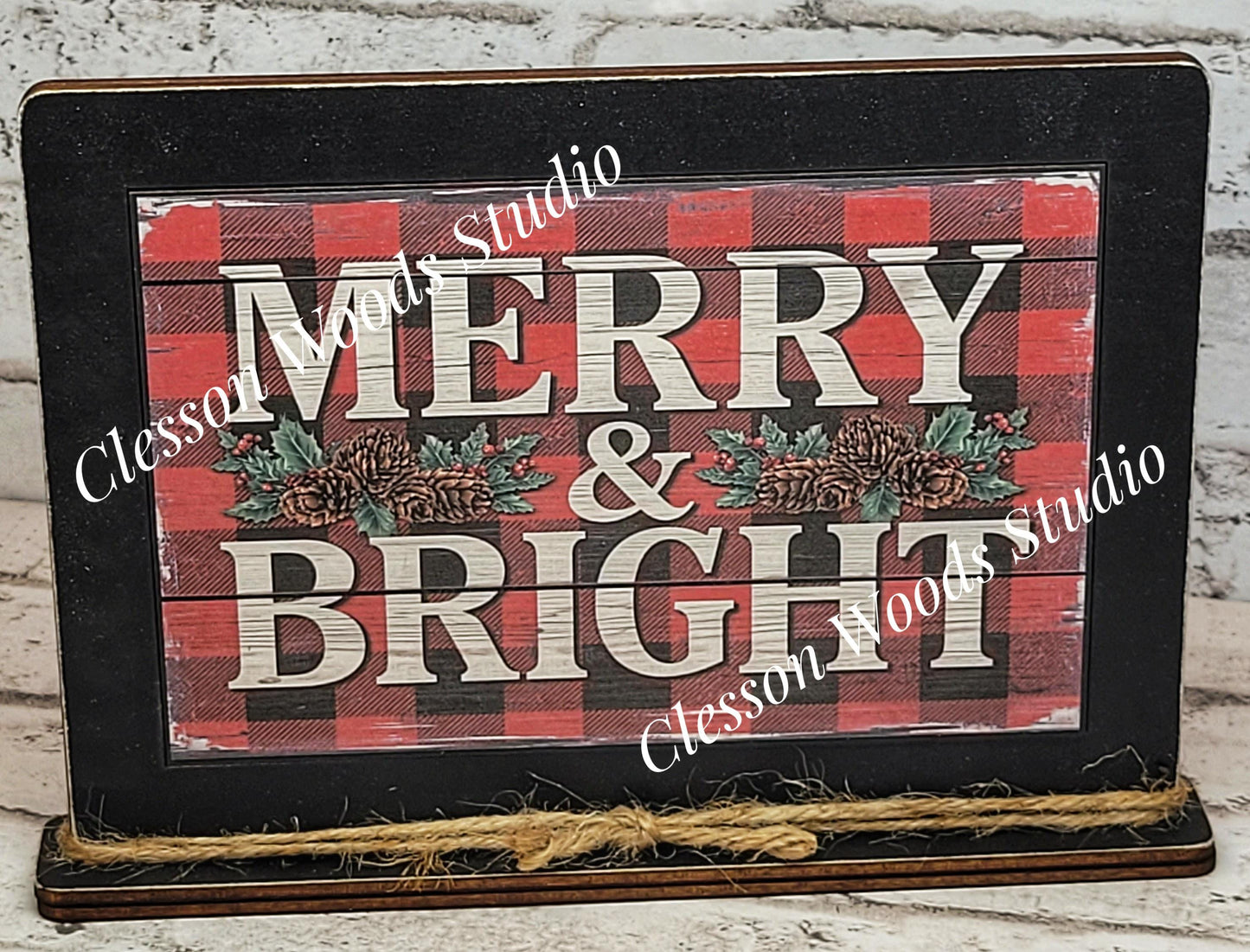 Merry and Bright Holiday Winter Framed Art with Attached Stand