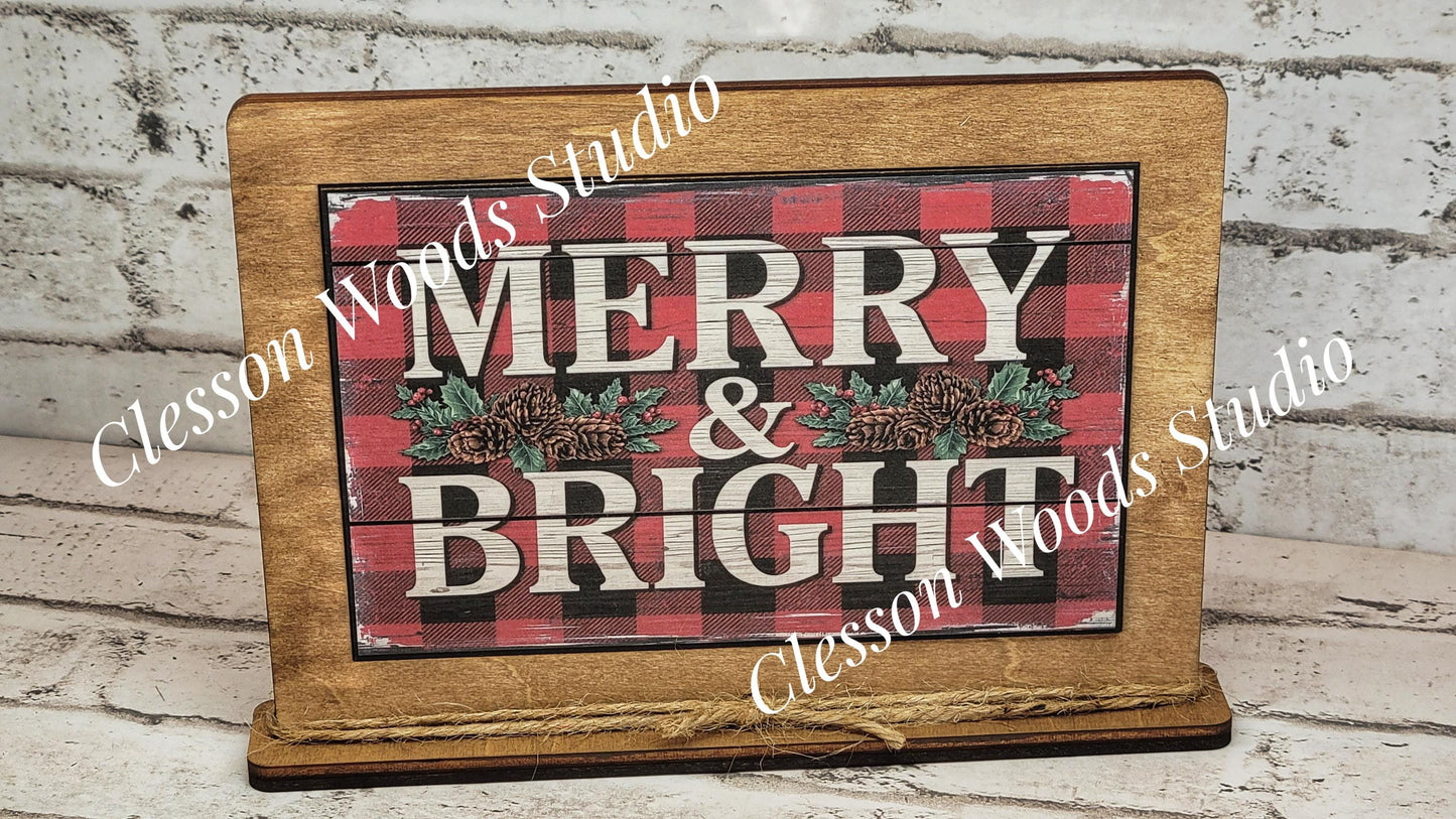 Merry and Bright Holiday Winter Framed Art with Attached Stand