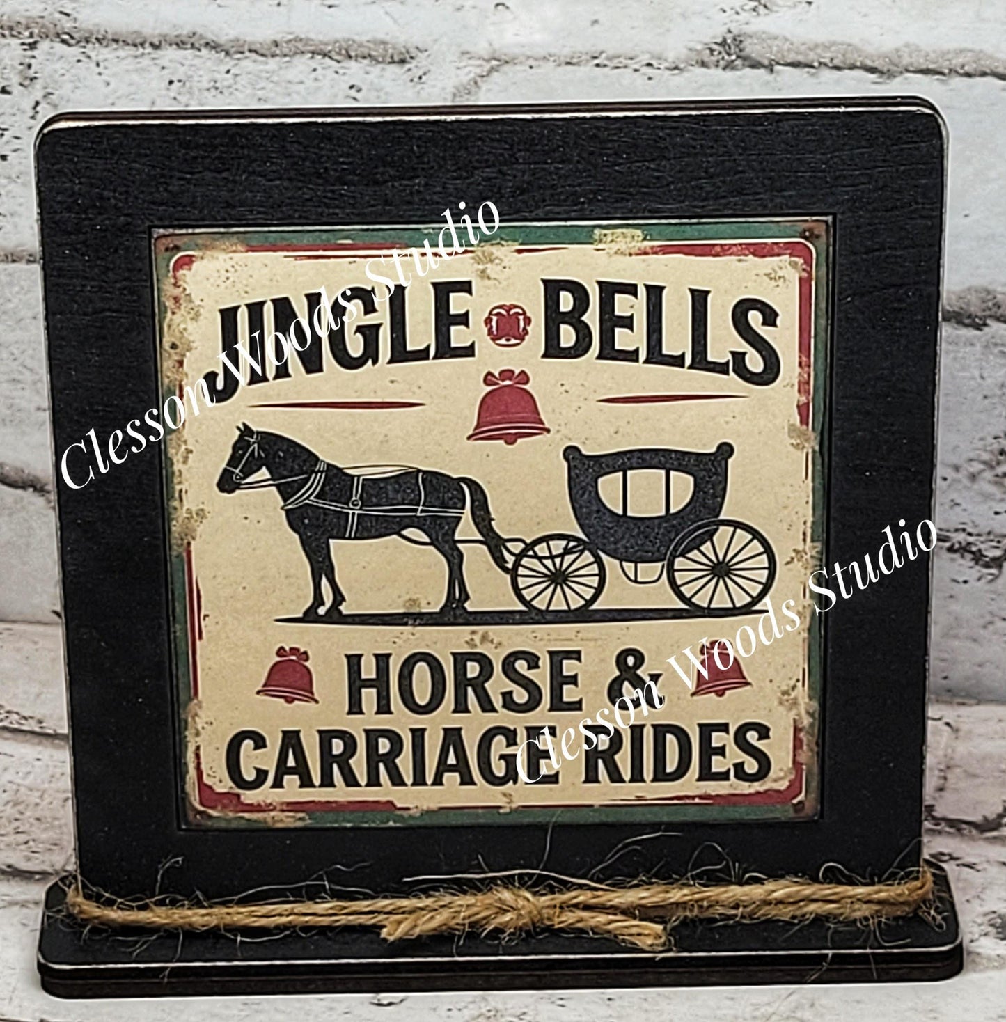Jingle Bells Horse and Carriage Rides Framed Art Wood Sign