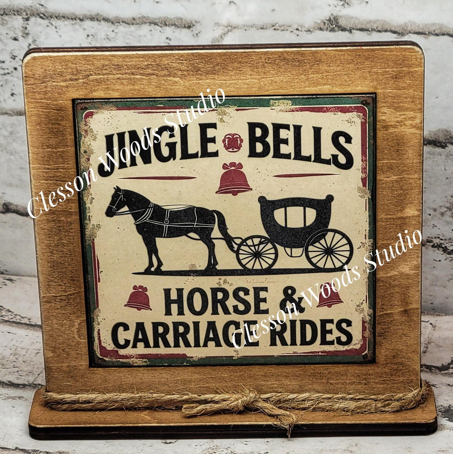 Jingle Bells Horse and Carriage Rides Framed Art Wood Sign