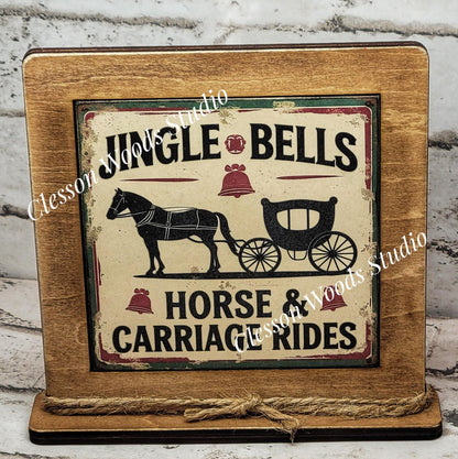 Jingle Bells Horse and Carriage Rides Framed Art Wood Sign