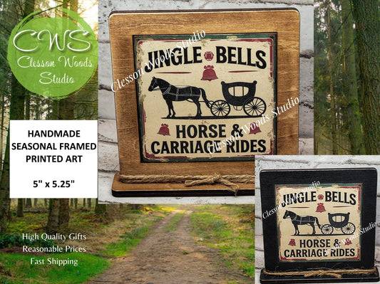 Jingle Bells Horse and Carriage Rides Framed Art Wood Sign