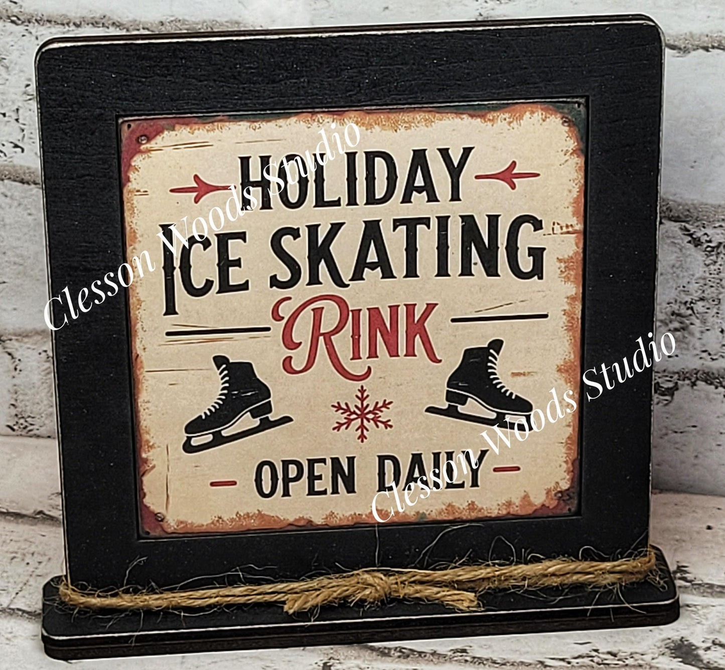 Holiday Ice Skating Rink Framed Art Wood Sign
