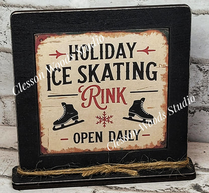 Holiday Ice Skating Rink Framed Art Wood Sign