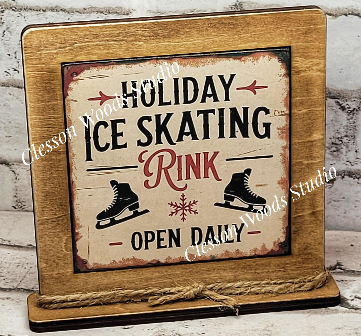 Holiday Ice Skating Rink Framed Art Wood Sign