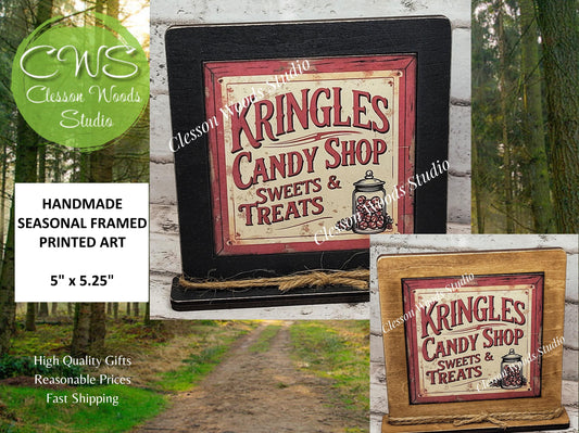 Kringles Candy Co Framed Art Wood Sign