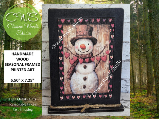 Primitive Valentine Snowman 1 Wood Framed Art with Attached Stand
