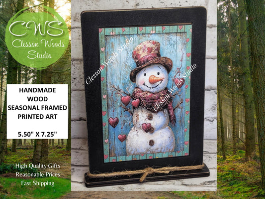 Primitive Valentine Snowman 3 Wood Framed Art with Attached Stand