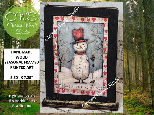 Primitive Valentine Snowman 4 Wood Framed Art with Attached Stand