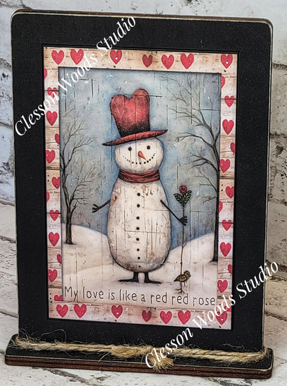 Primitive Valentine Snowman 4 Wood Framed Art with Attached Stand